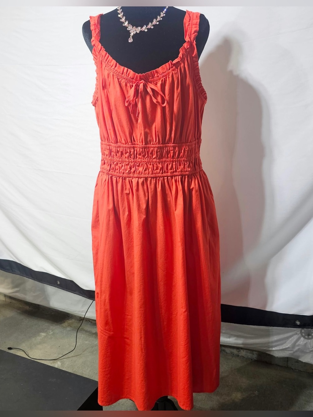 #411 Lauren Conrad Coral Red Ruffle Midi Dress Size L – Smocked Waist Tie Front